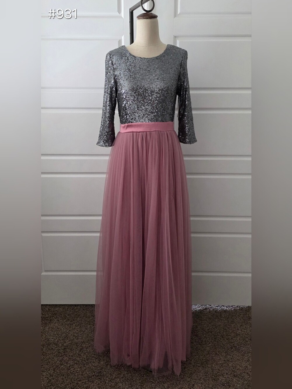 Silver Sequins & Pink Tulle Formal Dress With 3/4 Sleeves